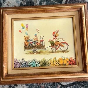 R. Smith signed hand painted framed teddy bear wagon art on stretched canvas